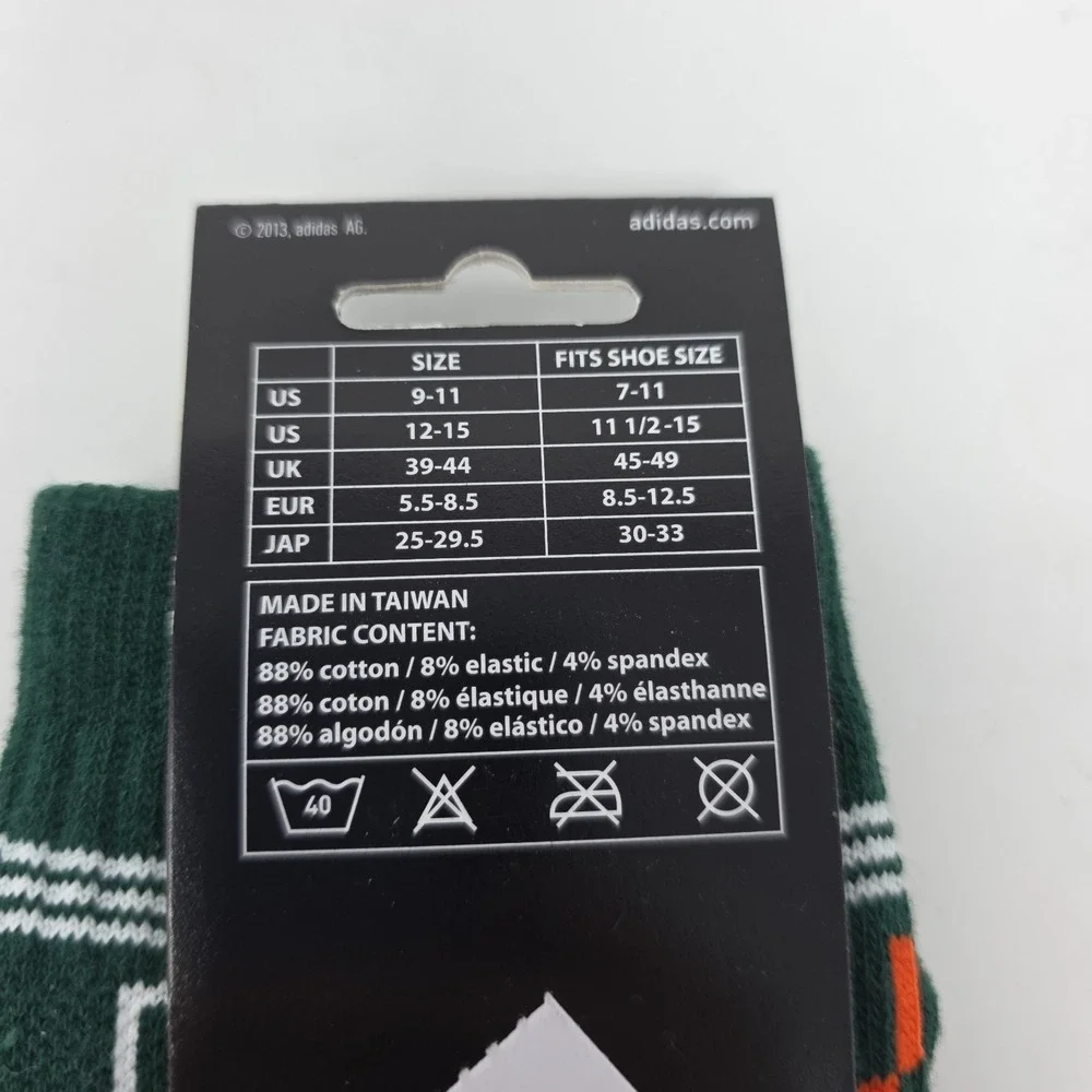 Adidas Miami Hurricanes NCAA Crew Socks Green Orange White Size 9-11 NWT 2013